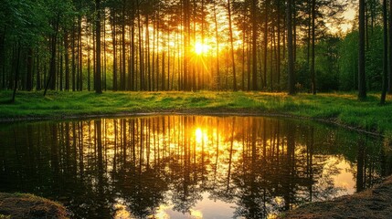 Serene Sunset Reflection Over Calm Water in a Peaceful Forest Setting Surrounded by Tall Trees and Lush Green Grass Underneath a Golden Sky