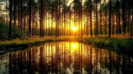 Serene Sunset Reflected in Tranquil Forest Pond Surrounded by Tall Pines and Lush Green Grass Capturing the Beauty of Nature's Golden Hour
