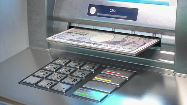 Japan Yen in ATM cash dispenser. Withdrawal, payment transaction of cash from bank terminal.
