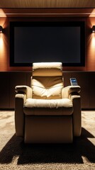 Cozy and Elegant Home Theater with Leather Recliner, Modern Lighting, and Blank Television Screen Awaiting Enjoyment of Movies and Relaxation Experiences