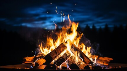 Dancing flames illuminate a serene night sky beside a cozy campfire. Generative AI