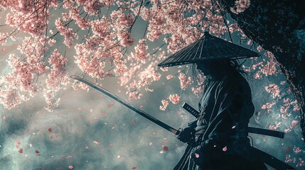 Traditional Samurai Warrior Under Cherry Blossom Tree with Sword Amid Mist and Pink Petals, Representing Honor, Courage, and Japanese Culture in Stunning Landscape