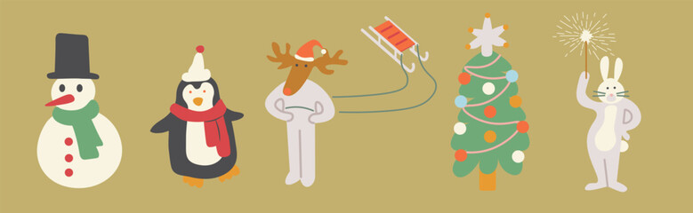 cute character set in shape doodle style in vector for Christmas and New Year decor. Elements for poster sticker design logo decoration mascot mask avatar