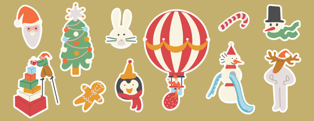 Fototapeta premium cute character sticker set in shape doodle style in vector for Christmas and New Year decor. Elements for poster sticker design logo decoration