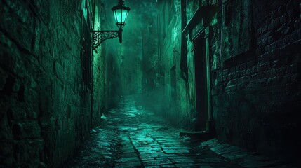 Obraz premium Mysterious Dark Alleyway with Lanterns Illuminating Fog and Old Brick Walls Surrounded by Shadows in an Enigmatic Night Setting