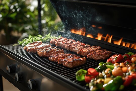 Delicious pork ribs and vegetables grilling on a barbecue with flames and smoke