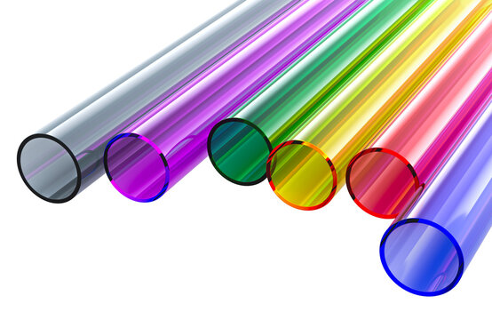 Colored transparent acrylic plastic tubes, 3D rendering isolated on transparent background