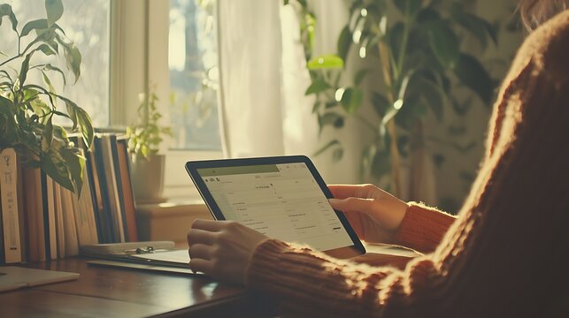 Woman using tablet at home office, sunlight streaming through window.