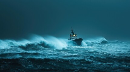 Dramatic Scene of a Tugboat Battling Stormy Seas with Powerful Waves Crashing Around, Capturing the Essence of Nature&rsquo;s Fury and Maritime Resilience