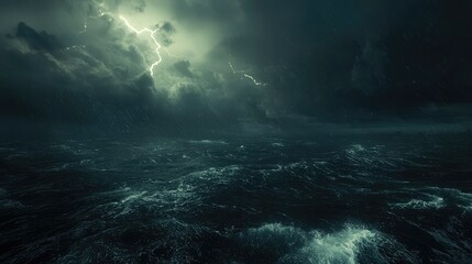 Fototapeta premium Dramatic Dark Storm Over Ocean with Lightning Striking the Sky and Tumultuous Waves Creating a Mysterious and Intense Atmosphere of Nature's Fury