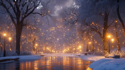 Snow-Covered Pathway Illuminated by String Lights and Lampposts