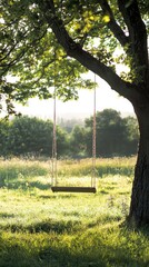 Serene Countryside Scene with a Gentle Swing Hanging from a Tree Surrounded by Lush Green Grass and Soft Sunlight in the Early Morning