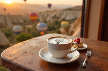 Morning cappuccino with cinnamon balloon design on milk foam, dessert overlooking colorful balloons flying over the valley