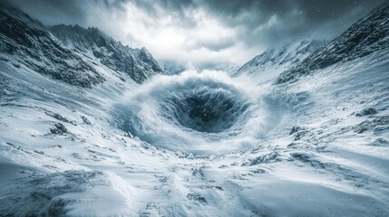 Obraz premium Majestic Glacial Abyss: A Mysterious Circular Vortex Surrounded by Snowy Mountains and Dramatic Clouds Under a Stark Sky in a Winter Wonderland