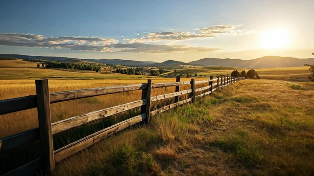 Sunset over the fields with a rustic wooden fence in the countryside