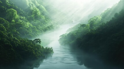 Serene River Flowing Through Lush Green Forest Surrounded by Mist and Sunlight Showcasing Nature's Tranquility and Beauty in an Enchanting Landscape