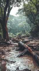 Naklejka premium Tranquil Forest Stream Surrounded by Lush Greenery with Sunlight Filtering Through Dense Canopy in Misty Atmosphere