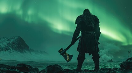 Fototapeta premium Majestic Viking Warrior Under Northern Lights with a Battle Axe, Gazing into the Night Sky Over a Serene Landscape Filled with Natural Beauty and Awe