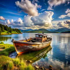 Obraz premium oli rusty fishing boat on the slope along the shor