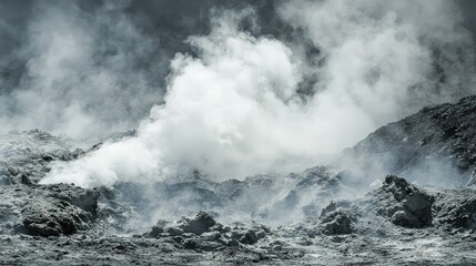 Obraz premium Dense billowing steam rising from rocky volcanic terrain, showcasing the raw power of nature in a dramatic, high-resolution landscape of geothermal activity captured in striking detail.