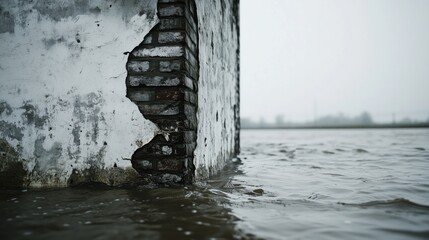 Floodwaters rise against weathered brick wall in overcast setting