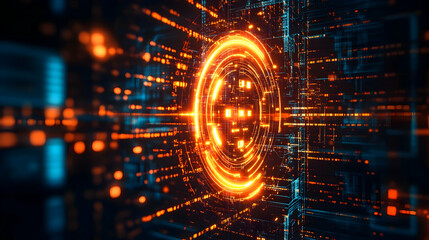 A digital orange-glowing circular interface on a dark background, symbolizing futuristic technology and secure networks.