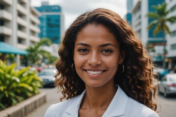 Close portrait of a smiling young Seychellois businesswoman looking at the camera, Seychellois big city outdoors blurred background