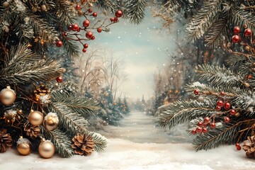 Vintage Victorian Christmas greeting card with golden ornaments, pinecones, snowy pine branches, red berries, and a serene winter village landscape