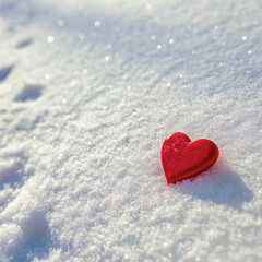 Fototapeta premium Red heart on a snowy background. Contrasting and romantic winter scenery.