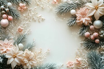 Vintage Victorian Christmas greeting card background with poinsettias, frosted pine branches, pastel pink berries, and a soft beige textured backdrop