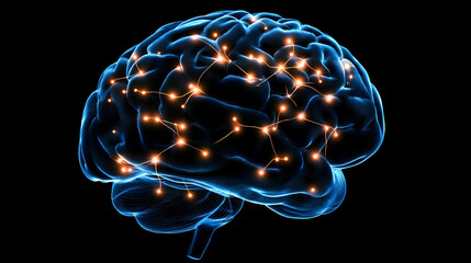 A futuristic depiction of a human brain with glowing nodes, symbolizing connectivity and intelligence.