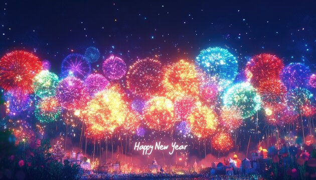Colorful fireworks lighting up the night sky with "Happy New Year" text, a joyful festive atmosphere, and people celebrating under dazzling lights