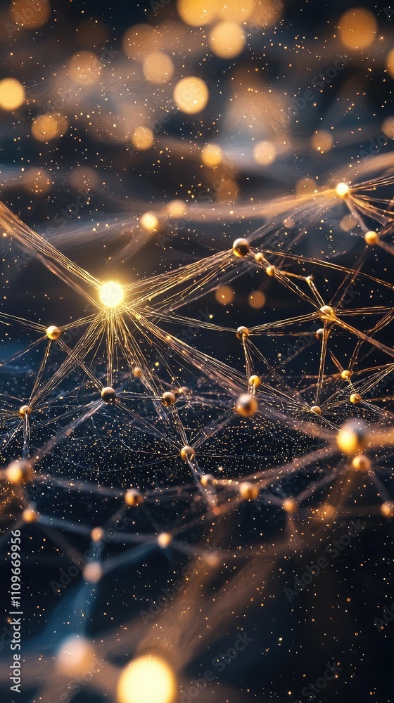 Poster abstract network connection with glowing dots and particles in a dark background for science and tec