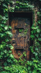 Weathered Door Surrounded by Lush Green Ivy in an Abandoned Setting, Evoking a Sense of Mystery and Nature's Reclamation Over Time