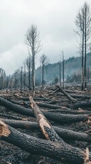 Obraz premium Aftermath of a Forest Fire: Charred Tree Stumps and Fallen Logs in a Devastated Landscape Under a Grey Overcast Sky