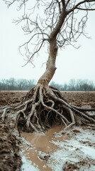 Obraz premium Stark Tree with Exposed Root System Emerging from Muddy Ground in a Rural Landscape under a Gloomy Sky, Signifying Resilience and Struggle in Nature's Elements