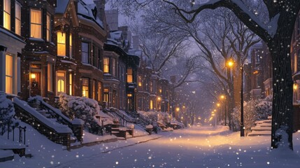 Snow-covered houses with warm windows on a quiet street