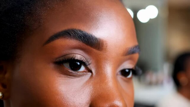 Makeup artist applying a natural look on a Black female client in a well-organized beauty studio