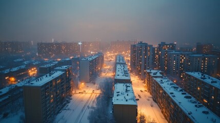 Fototapeta premium Aerial view of a snow-covered city at night with streetlights illuminating the buildings and streets.