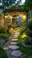 Obraz premium Tranquil Evening Garden with Pathway, Decorative Stones, and Soft Lighting Under a Pergola Surrounded by Lush Greenery and Colorful Flowers
