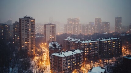 Naklejka premium Snowy Cityscape with Apartment Buildings and Streetlights at Dusk