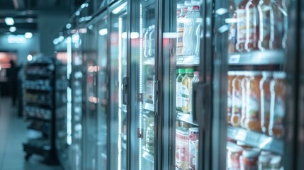 Row of refrigerated shelves with drinks and juices in a modern supermarket