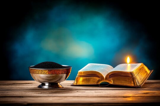  Una Biblia abierta junto a una vela y un cuenco decorativo con ceniza negra, representando el Mi&eacute;rcoles de Ceniza.
