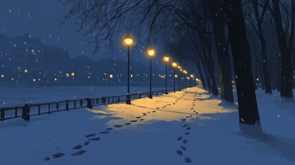 Snowy Path Illuminated by Streetlights at Night