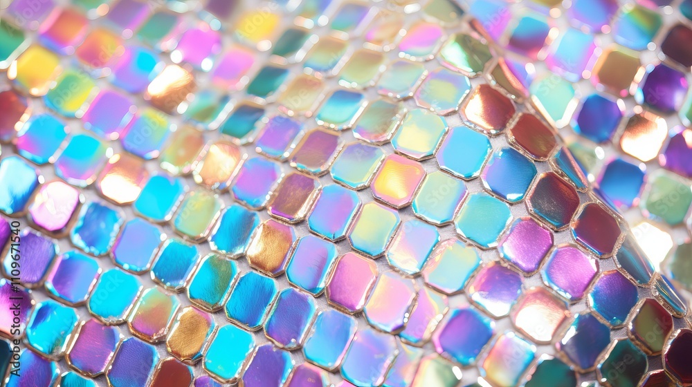 Poster colorful hexagonal sequins reflecting light in a dazzling display of hues. generative ai