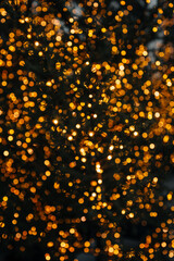 Magic golden blurred Christmas, New Year decorations of twinkling gold light, festive background for winter holiday design