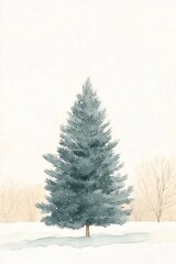 Fototapeta premium Watercolor painting of a solitary blue spruce tree in winter landscape. Serene nature scene for holiday cards, wall art, and seasonal decor. Minimalist forest illustration.