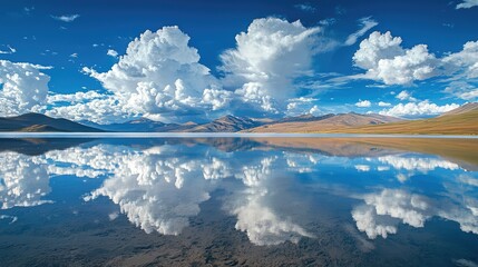 Serene Reflection of Majestic Clouds on Still Water Surrounded by Breathtaking Mountains Under a Vibrant Blue Sky in an Idyllic Landscape