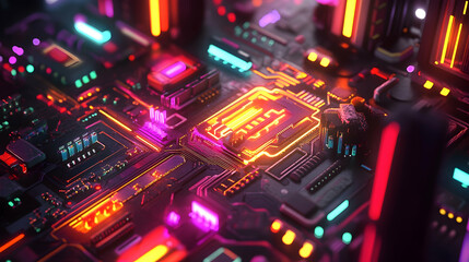 Fototapeta premium Vibrant neon-colored circuit board, showcasing advanced electronics in a futuristic style.