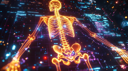 A glowing skeleton in orange hues with detailed ribcage and spine, representing life energy.